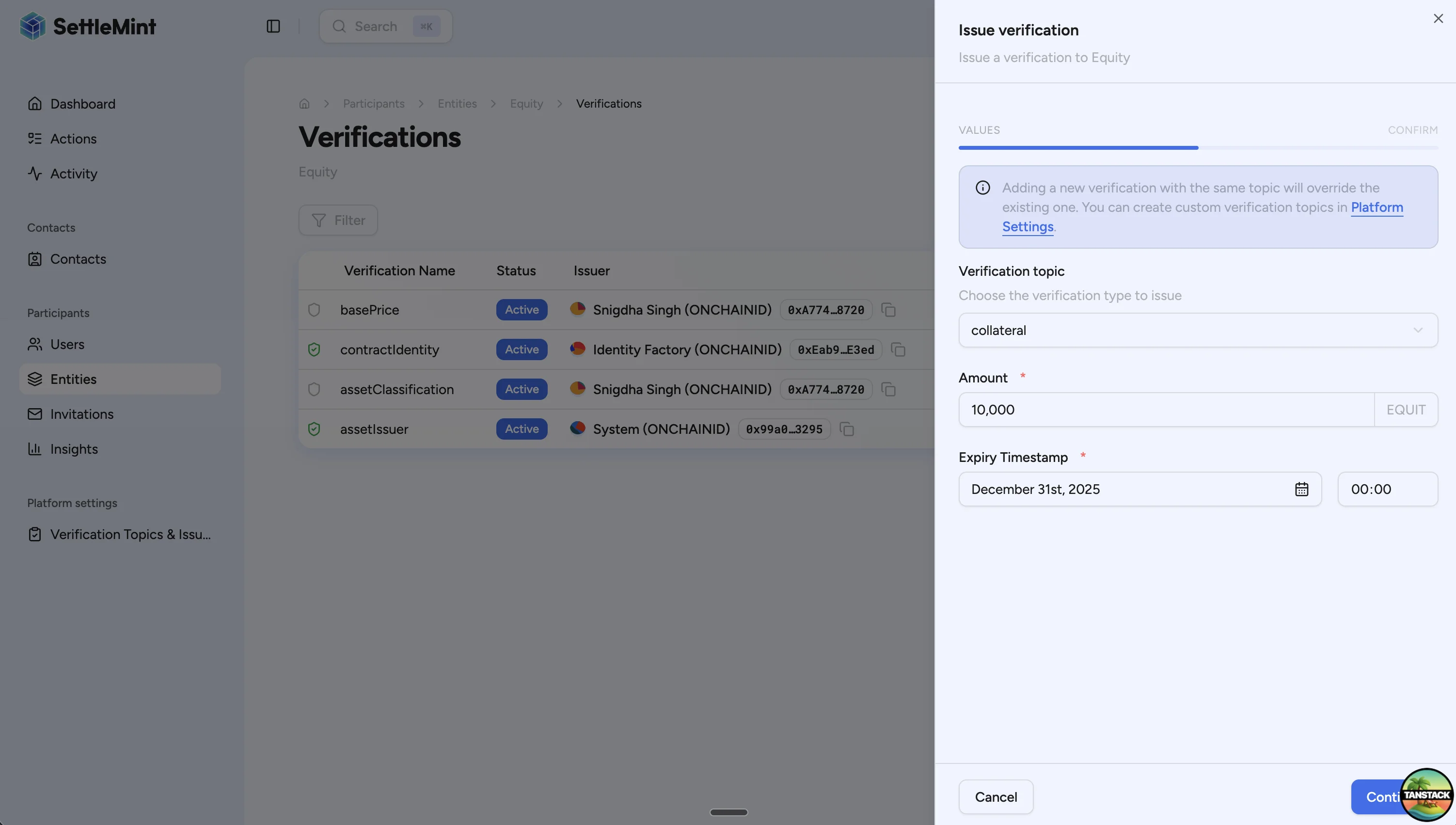 Collateral verification form with topic, amount, and expiry fields