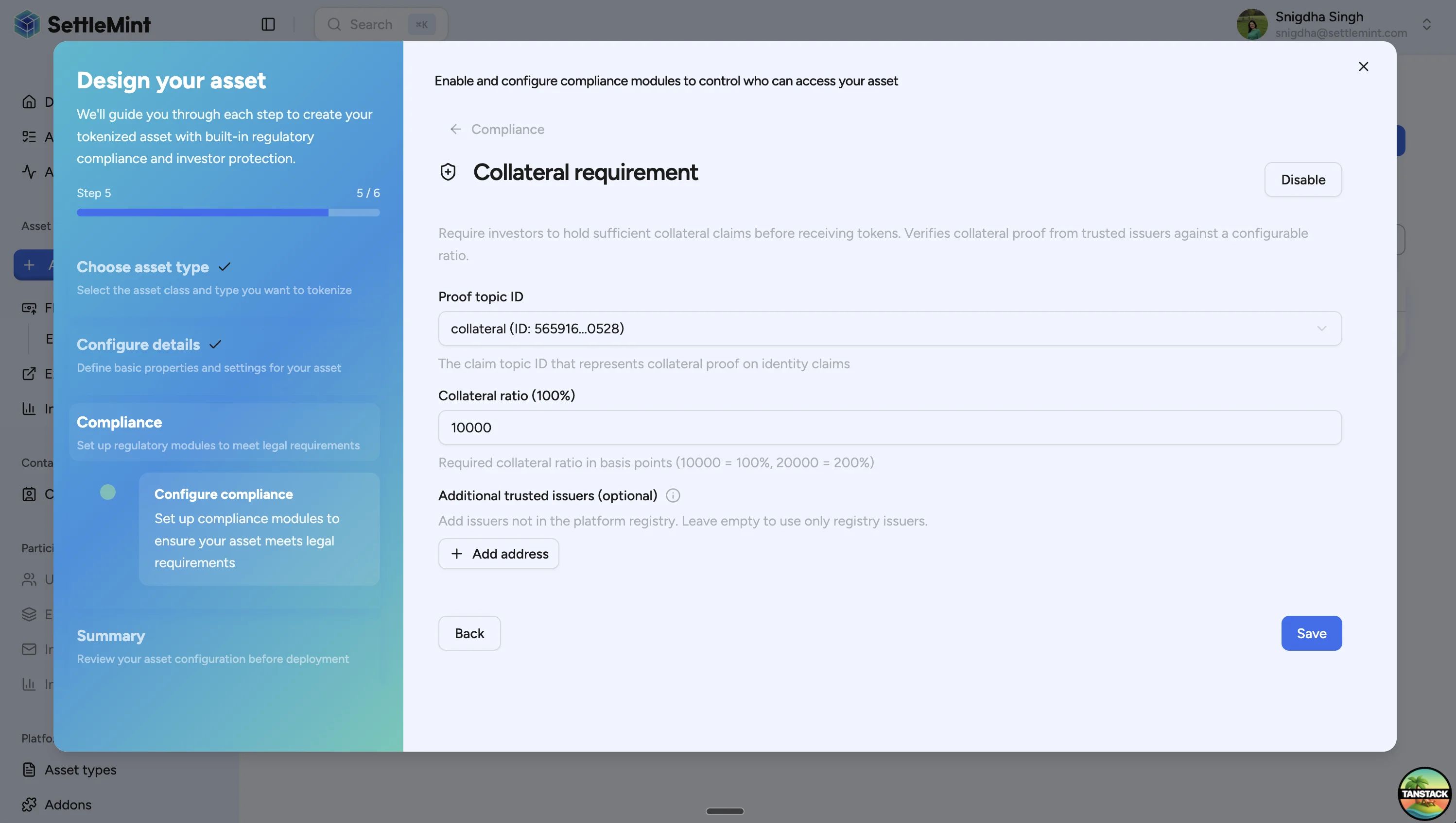 Collateral requirement configuration form