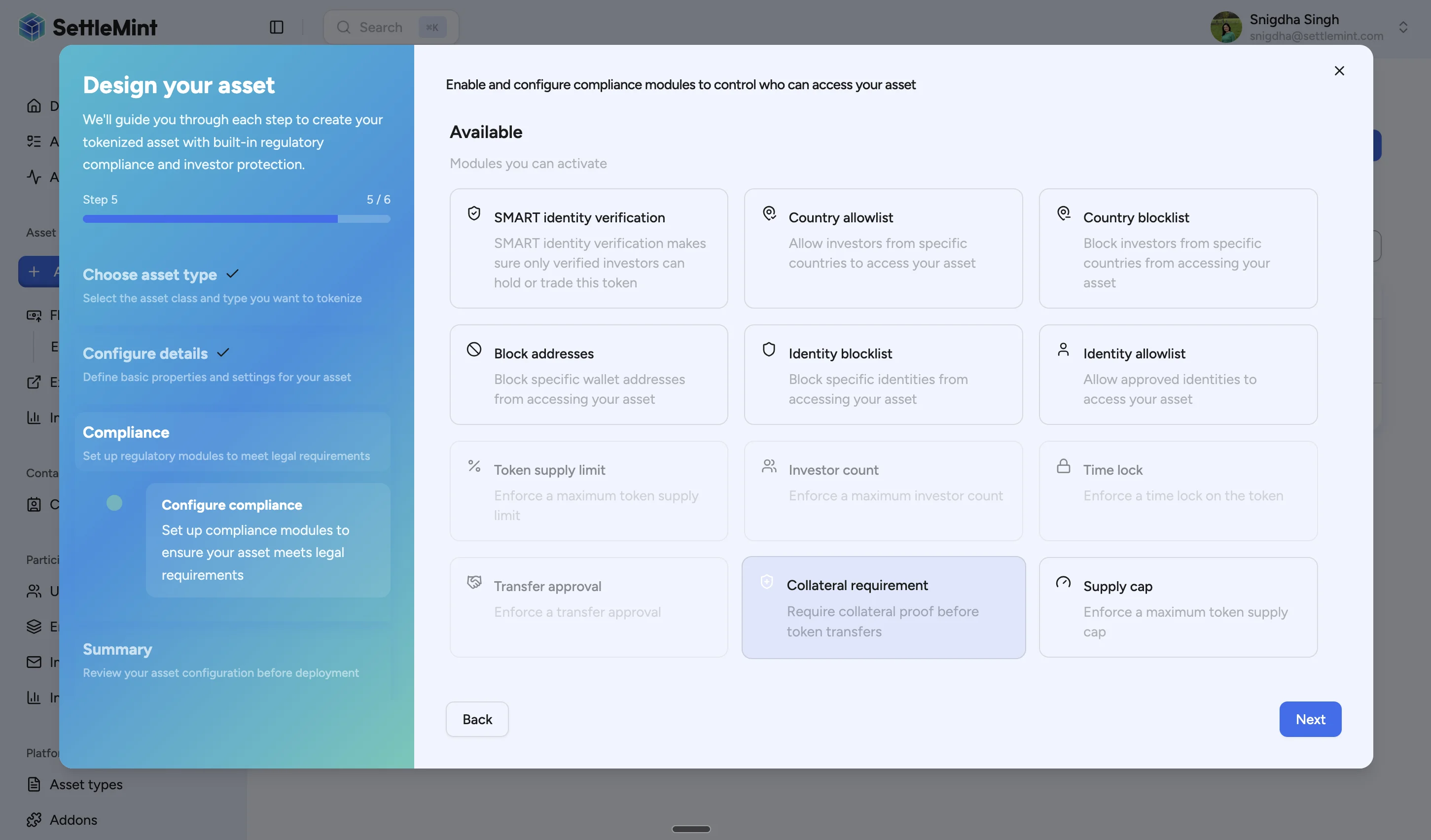 Compliance module selection with Collateral requirement