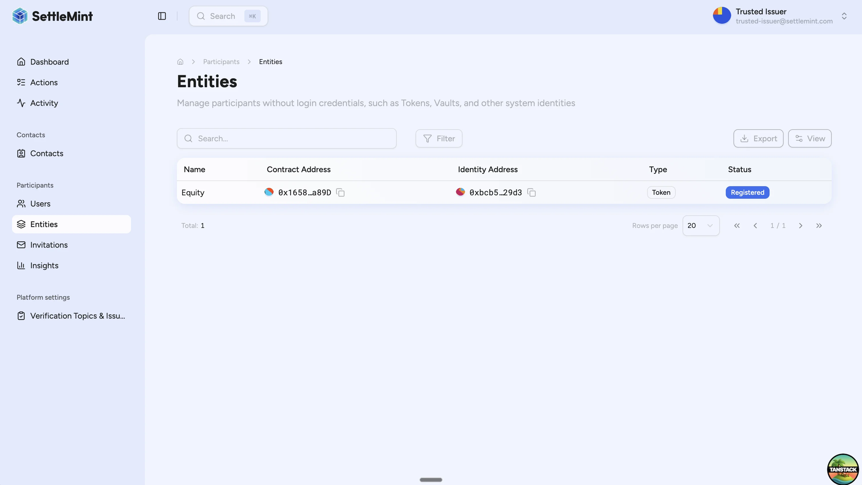 Entities page showing assets with on-chain identities