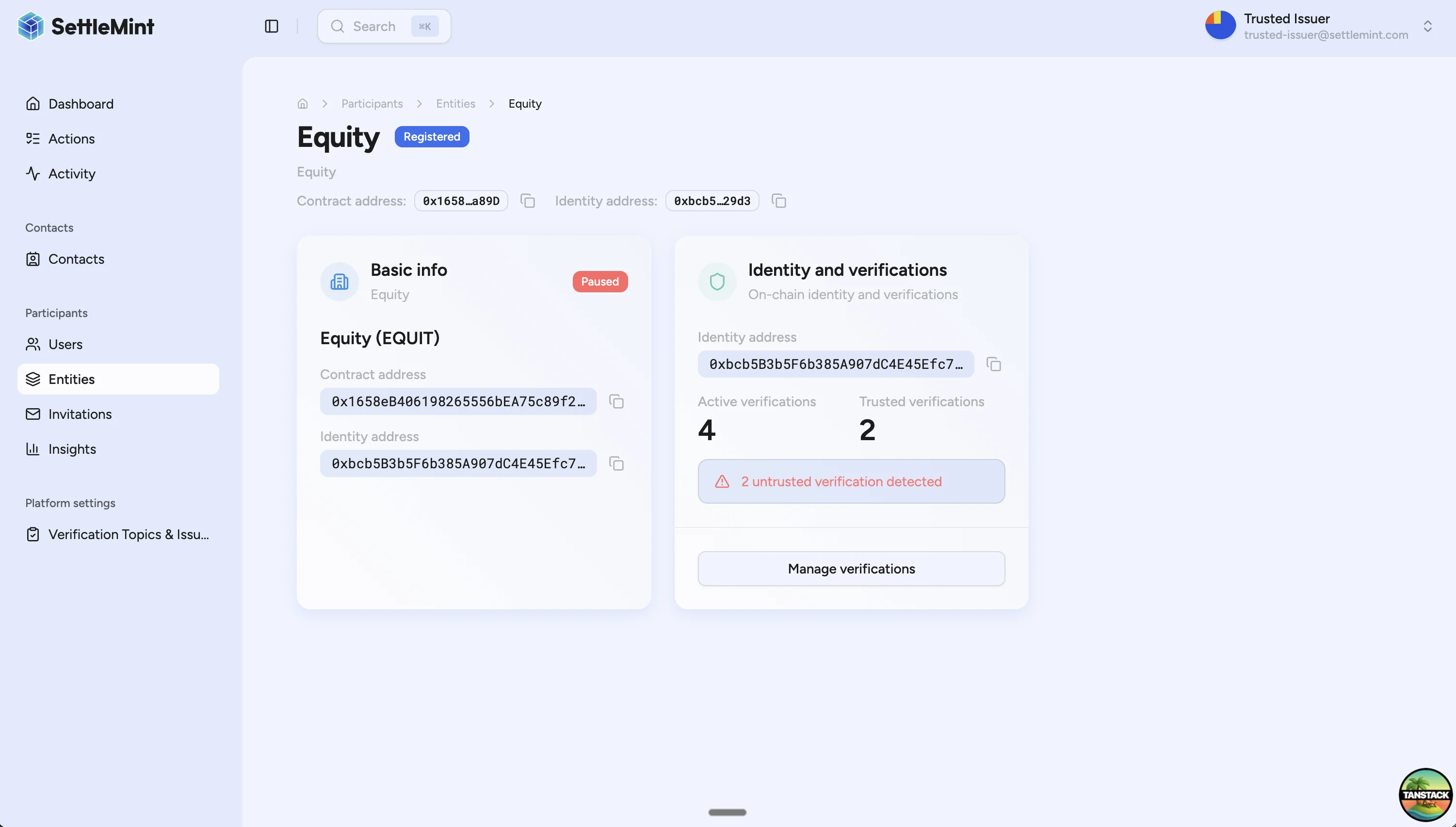Entity detail page with Identity and verifications tile
