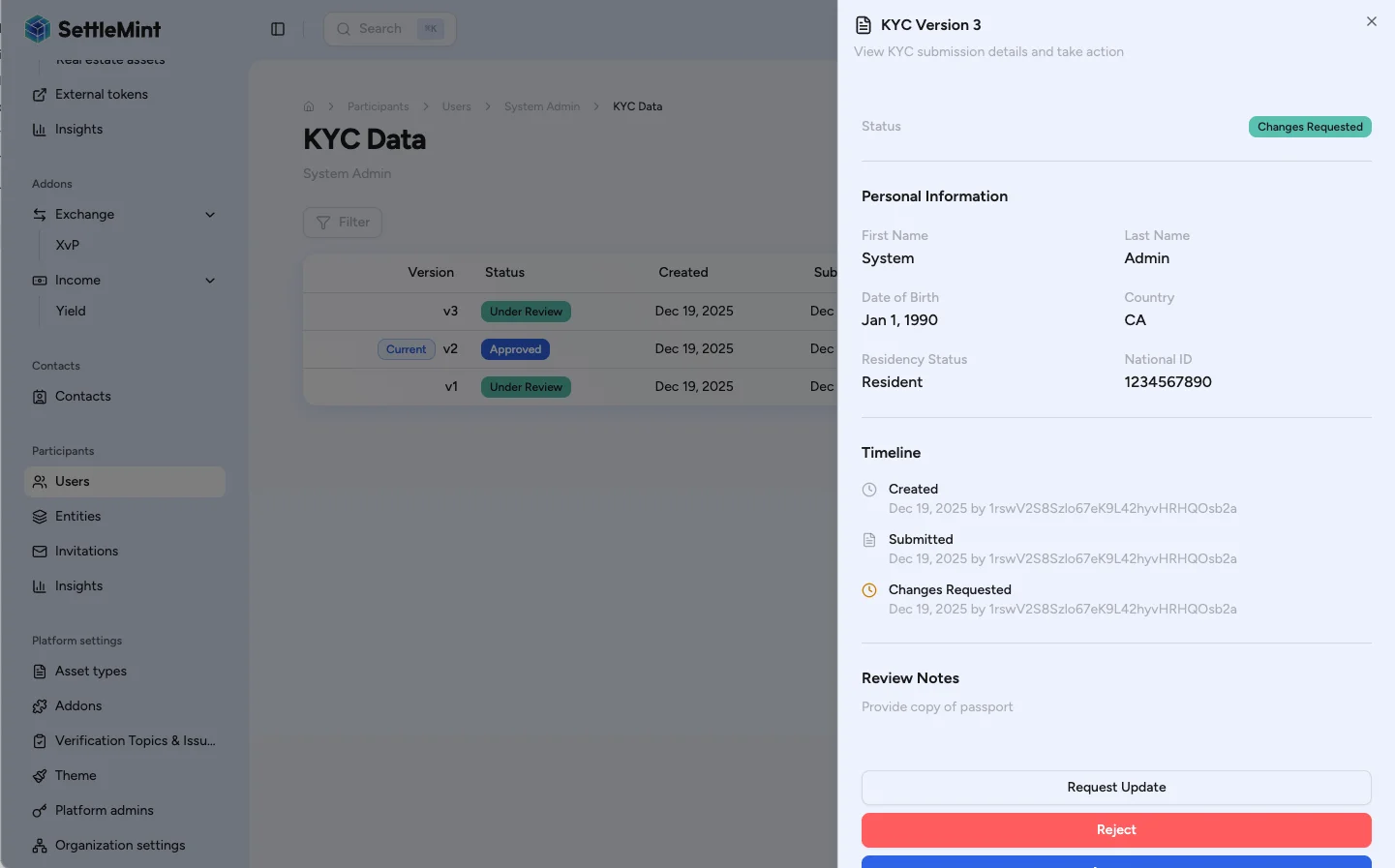KYC version detail sheet