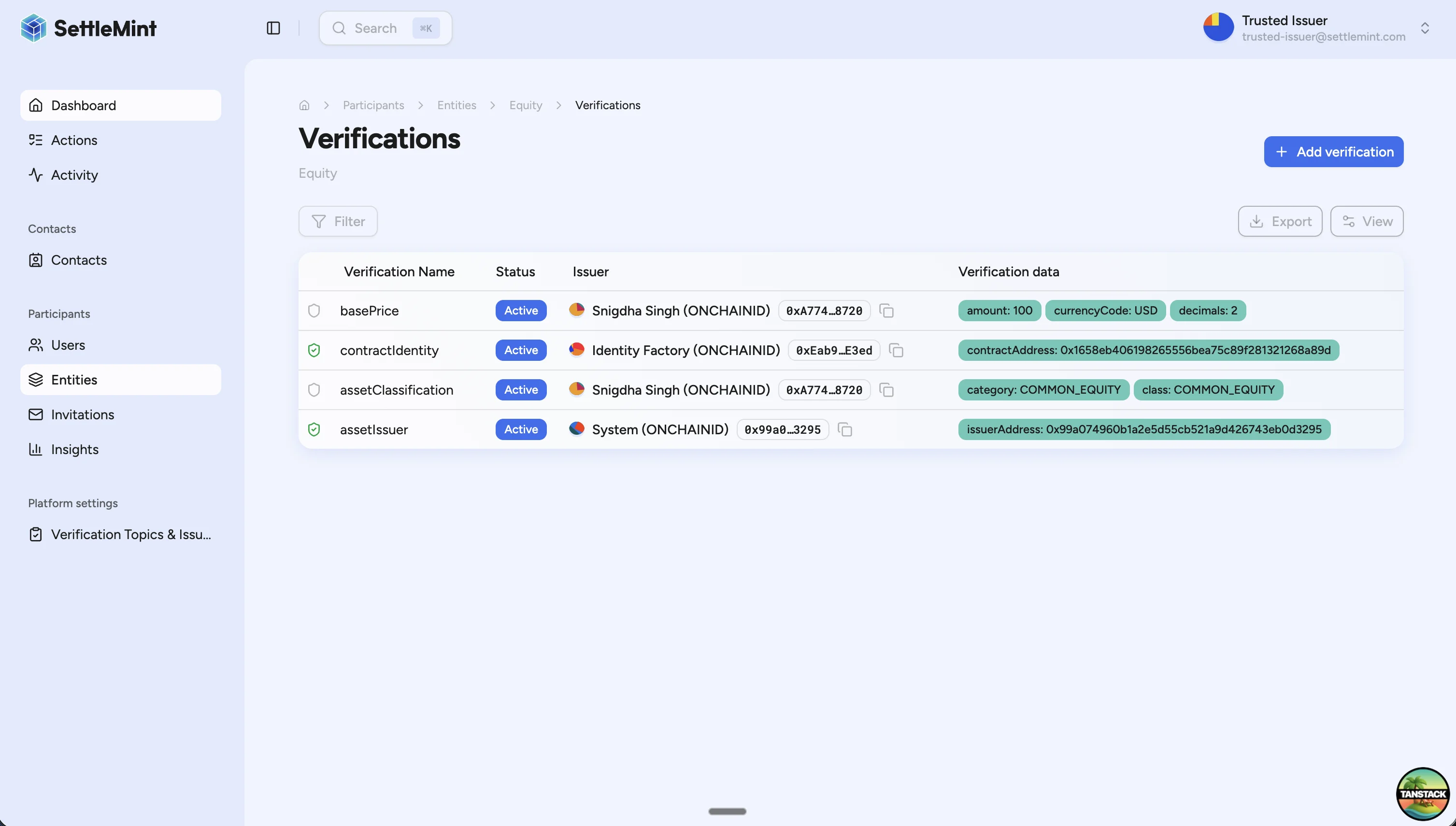 Verifications list with Add verification button