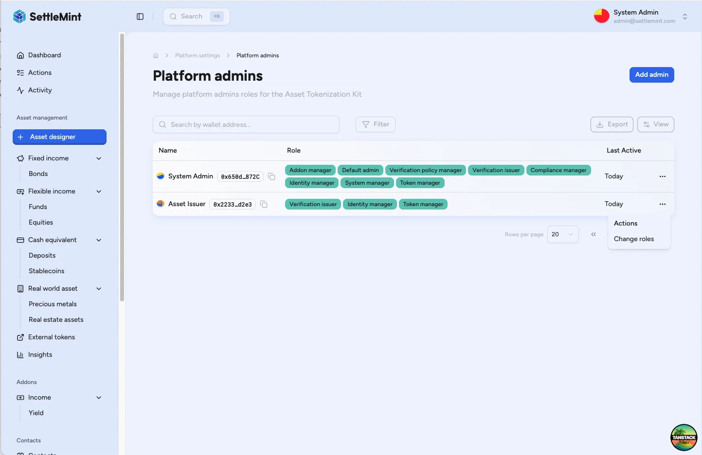 Admin table row with actions menu