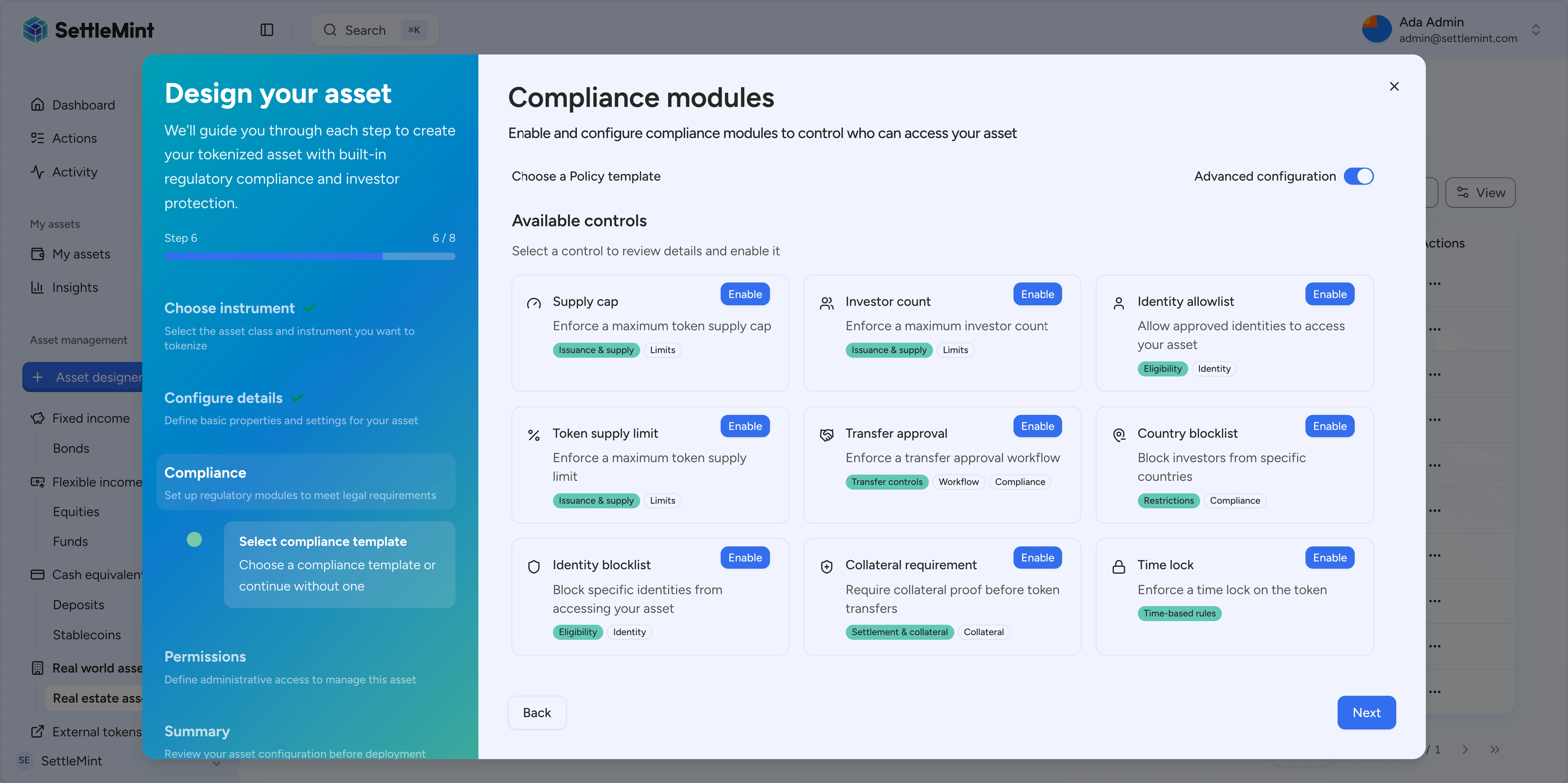 Compliance module configuration during asset creation