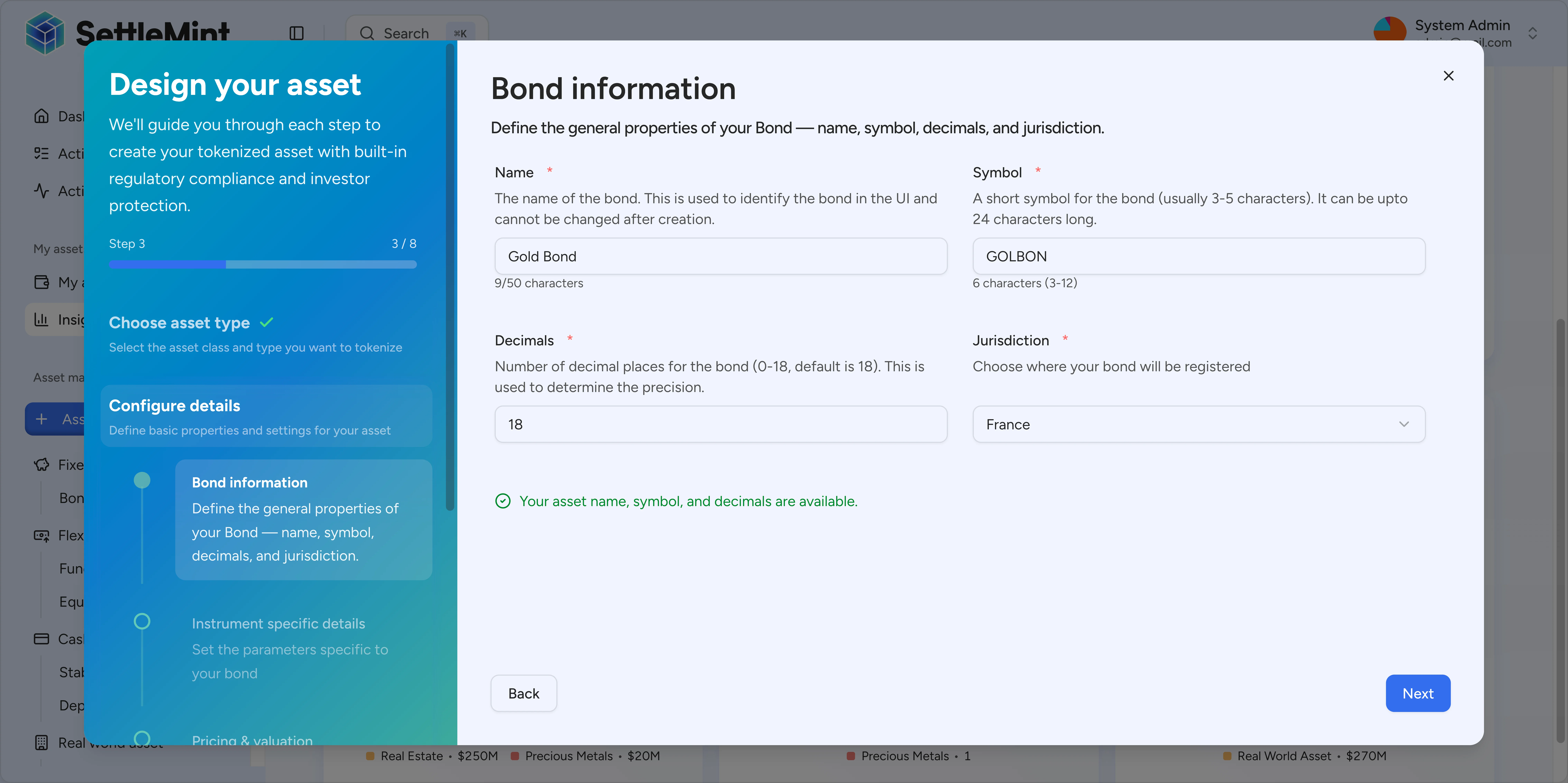 Bond setup continues with instrument selection and issuance-specific parameters.