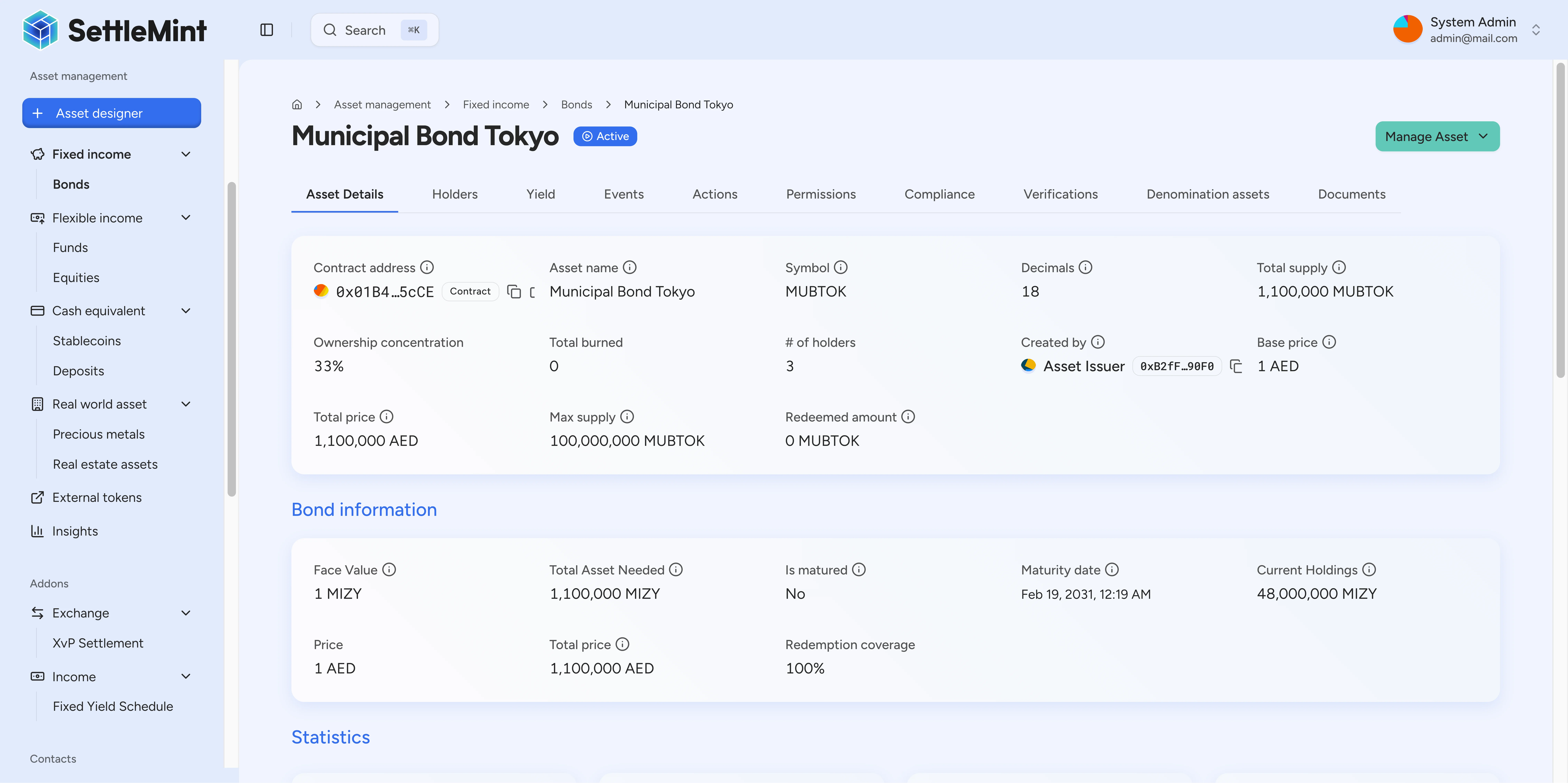 Asset contract details showing on-chain parameters