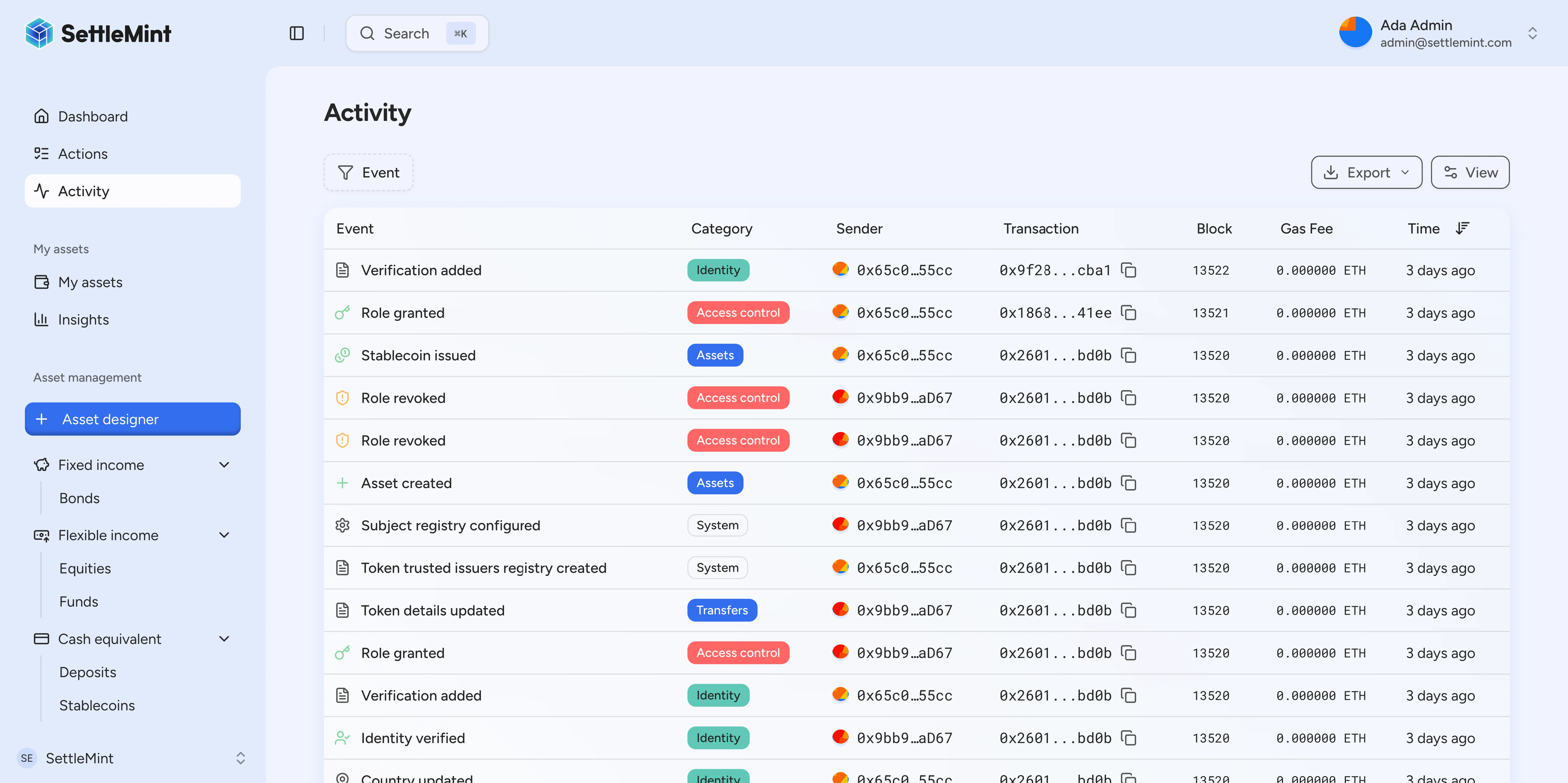 Activity log for transaction auditing