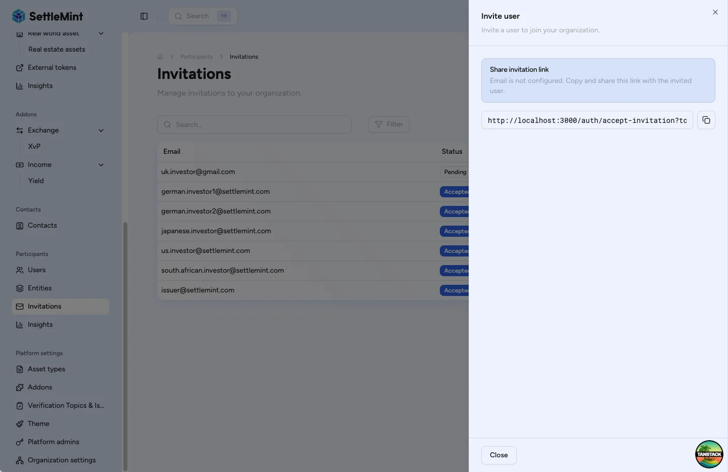 Invitation link display